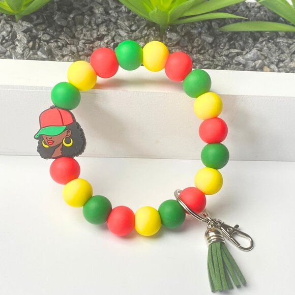 Rasta Beaded Bracelet Keychain w/ Afro Lady Charm – Handmade Jewelry - Picture 1 of 3